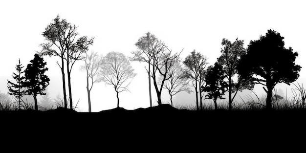 Silhouette of a group of trees in a field with a hill in the background generative ai