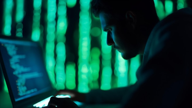 Photo silhouette of a hacker in a dark room typing on a computer green code cascading down the screen eeri