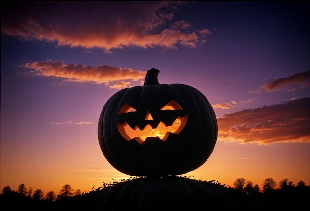 silhouette of a halloween pumpkin with a face carved on it on a hill at sunset