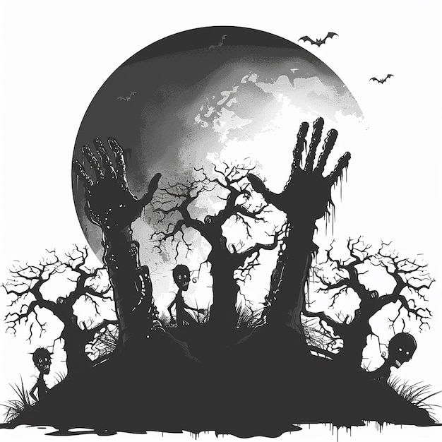 Photo silhouette halloween scene with zombie hands protruding