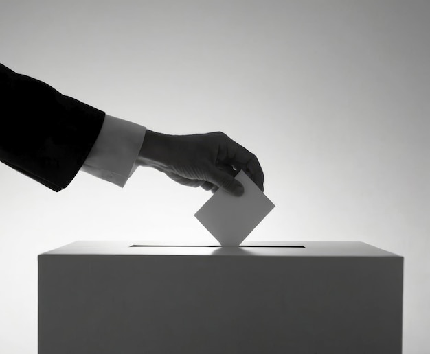 A silhouette of a hand drops a form into the ballot box