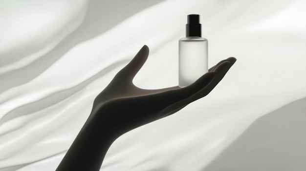 Silhouette of Hand Holding a Bottle of Perfume on a White Background