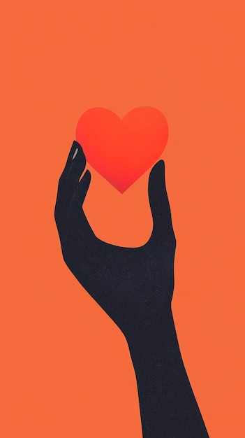 Photo a silhouette of a hand holding a red heart against a vibrant orange background a minimalist expression of love and care