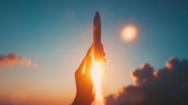 A silhouette of a hand holding a rocket against a vibrant sunset The sun illuminates the rocket casting a warm glow across the sky