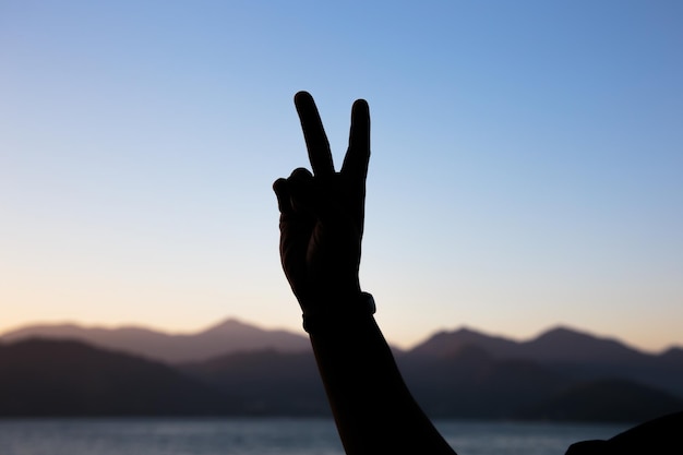 silhouette of hands in the shape of the number two with a beautiful colorful late afternoon sky