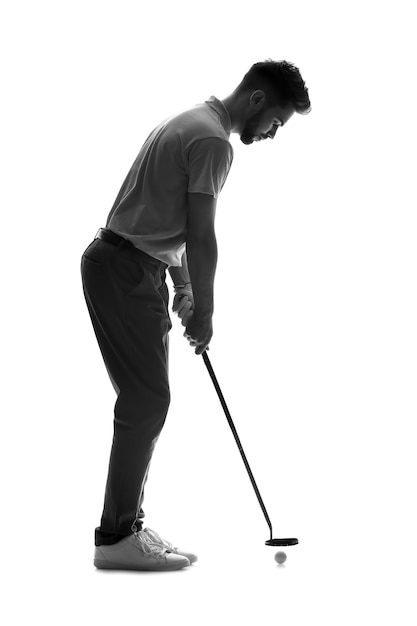 Silhouette of handsome male golfer on white