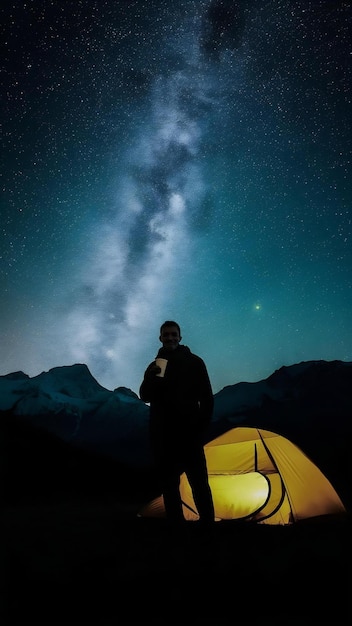 Photo silhouette of happy man with holding coffee cup stay near tent around mountains