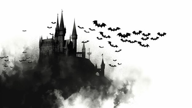 Photo silhouette of a haunted castle with bats flying around creating a spooky halloween atmosphere