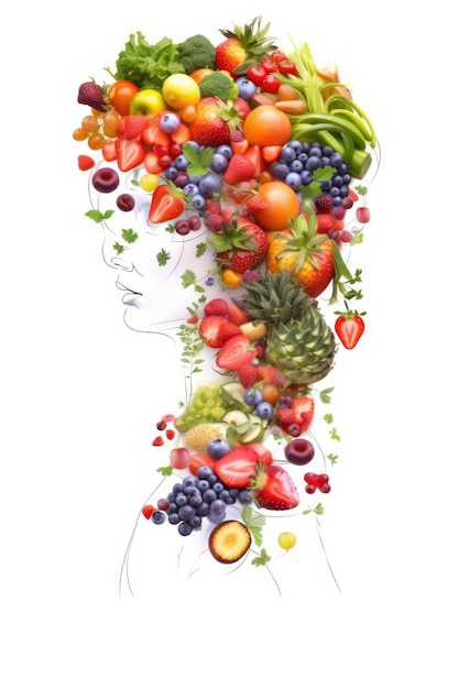 Silhouette of a healthy woman's body composed of vegetables with a white background representing healthy and vegetarian food Generative AI