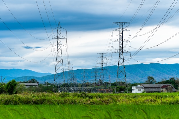 silhouette of high voltage electrical pole structure