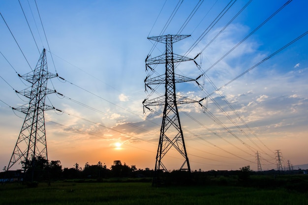 Silhouette of high voltage electrical pole structure