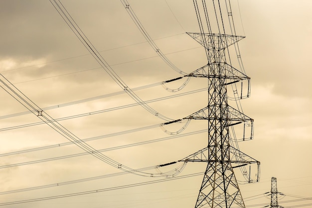 Silhouette of high voltage electrical pole structure