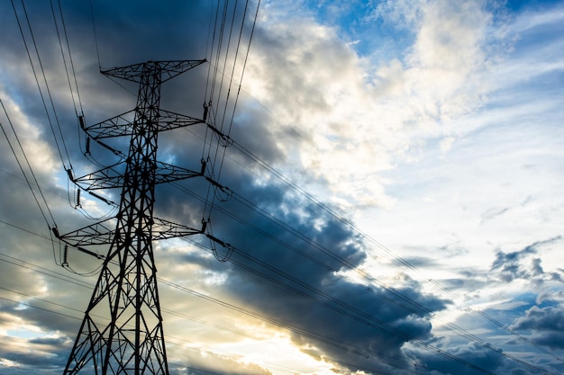 Silhouette of high voltage electrical pole structure