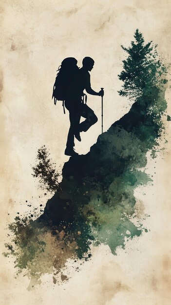 Photo silhouette of hiker climbing mountain with backpack and hiking stick watercolor artwork