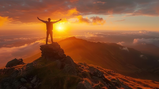 Silhouette of Hiker on Mountain Peak at Sunset