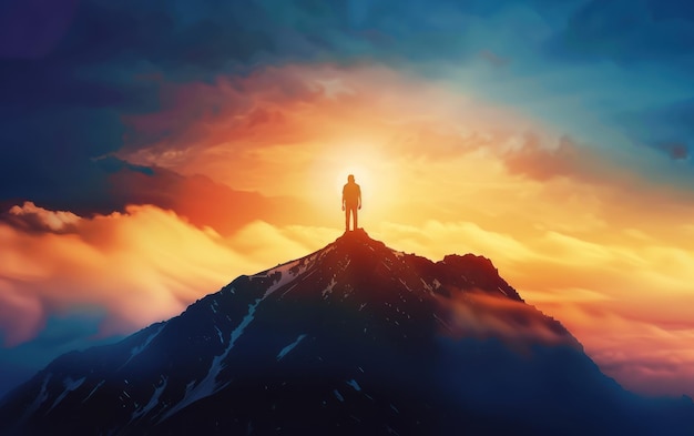 Silhouette of a Hiker on Mountain Peak at Sunset