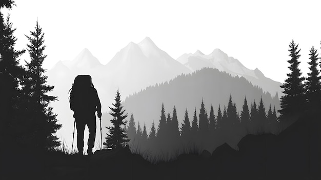 Silhouette of a Hiker with Backpack in a Mountainous Forest