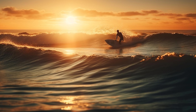 Silhouette holding surfboard surfing into the sunset generated by AI