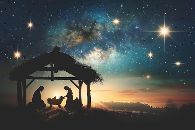 Photo a silhouette of the holy family in a manger under a starfilled night sky a serene nativity scene depicting the birth of jesus in a humble manger