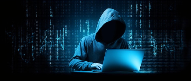 Silhouette Of Hooded Criminal Hacking Computer On Binary Code Background Cyber Crime Concept