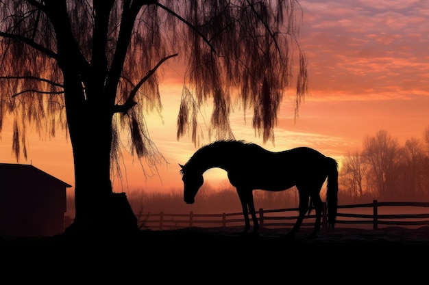 Silhouette of a horse eating hay against a sunrise created with generative ai