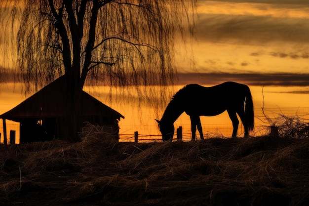 Silhouette of horse eating hay at golden hour created with generative ai