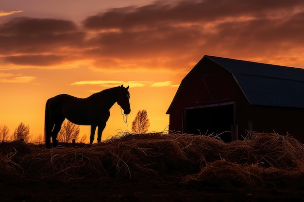 Silhouette of horse eating hay at golden hour created with generative ai