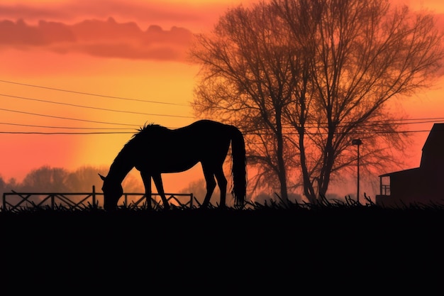 Silhouette of horse eating hay at sunset created with generative ai