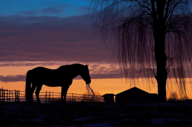 Silhouette of horse eating hay at twilight created with generative ai