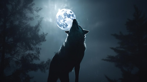 Silhouette of howling wolf against dark toned foggy background and full moon