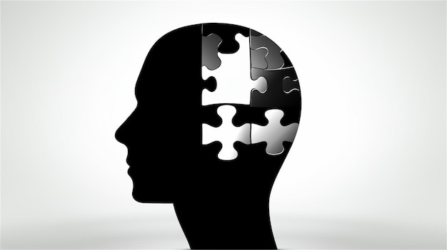 A silhouette of a human head with puzzle pieces in the middle