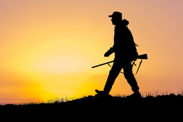 Silhouette of a hunter with a gun in the reeds against the sun, an ambush for ducks with dogs