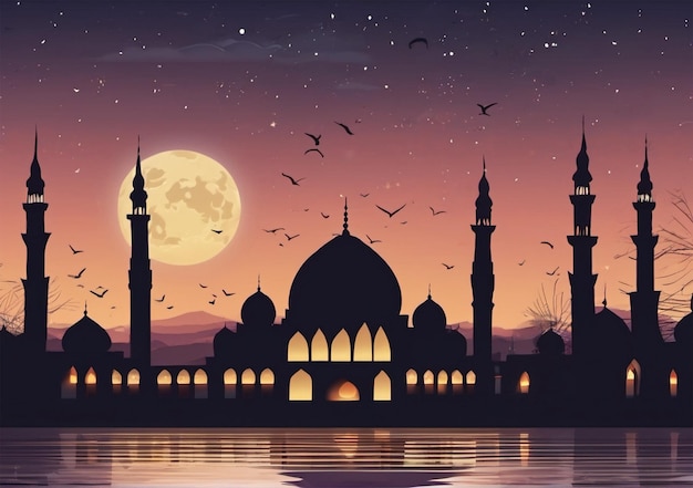 silhouette illustration of a beautiful mosque background in the afternoon during Ramadan Eid alFit