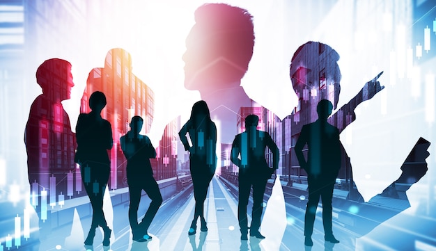 Silhouette image of business people group on city background