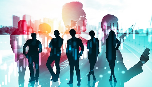 Silhouette image of business people group on city background