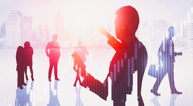 Silhouette image of business people group on city background