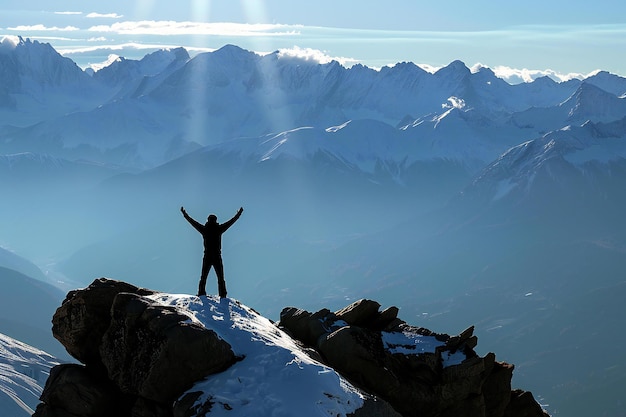 A silhouette of an individual standing on top of the mountain with arms raised in victory symbolizi