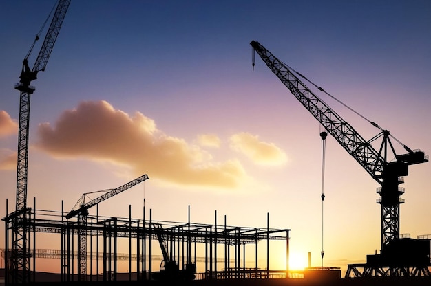 Silhouette of industrial crane on construction site Industry crane on creation site house building at sunset aerial view Construction and renovation of buildings concept Copy ad text space poster