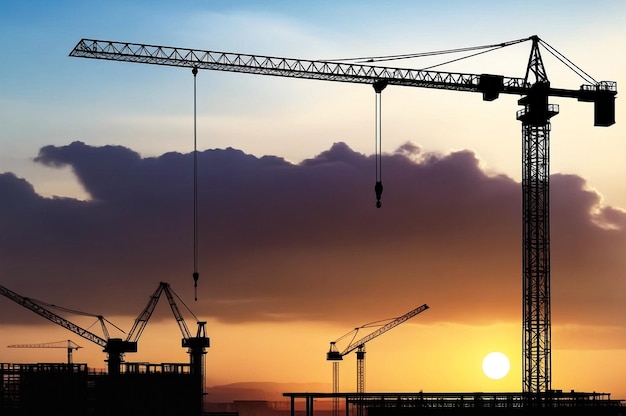 Silhouette of industrial crane on construction site Industry crane on creation site house building at sunset aerial view Construction and renovation of buildings concept Copy ad text space poster