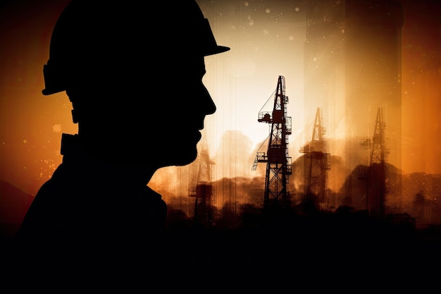 Silhouette of industrial worker with oil refinery plant as background Generative AI