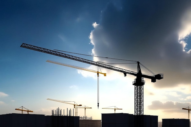 Silhouette of industry crane on construction site house building at blue sky Construction and renovation of buildings concept Industrial cranes on creation site aerial view Copy text space banner