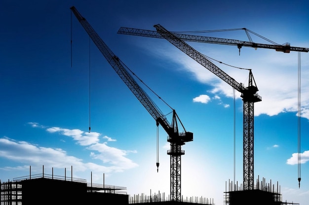 Silhouette of industry cranes on construction site house building at blue sky Industrial crane on creation site aerial view Construction and renovation of buildings concept Copy ad text space