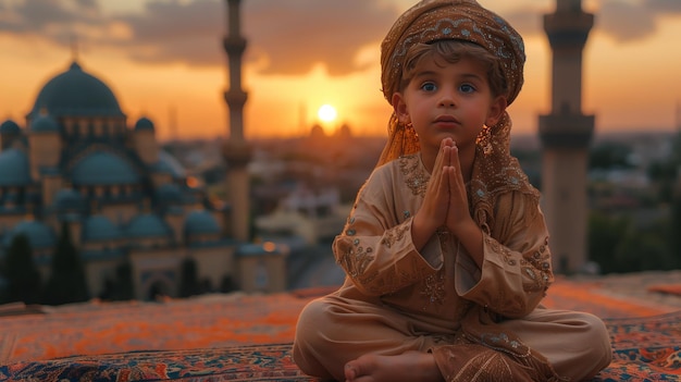 A silhouette of islamic boy praying at sunset