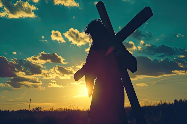 Silhouette of Jesus Carrying the Cross at Sunset Good Friday