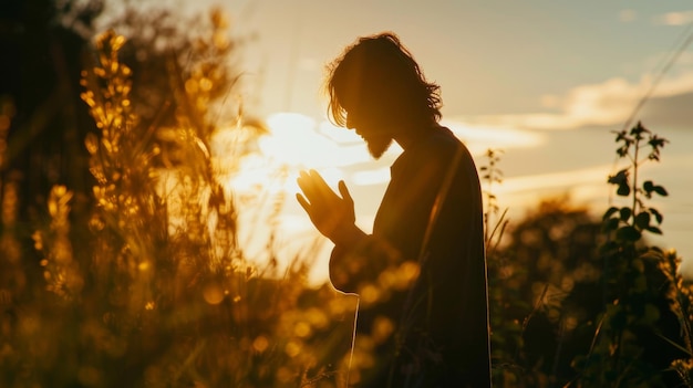 Silhouette of jesus in gethsemane prayer and supplication before betrayal and crucifix