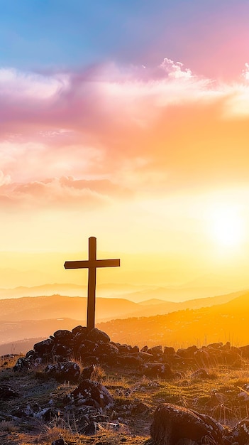 Silhouette jesus lord cross symbol on Calvary mountain