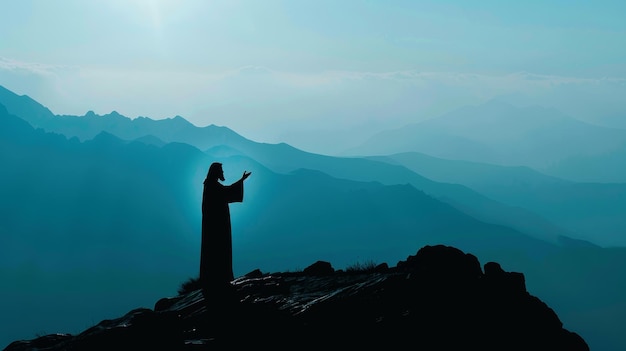 Silhouette of jesus preaching sermon on mountain top in biblical gospel teaching