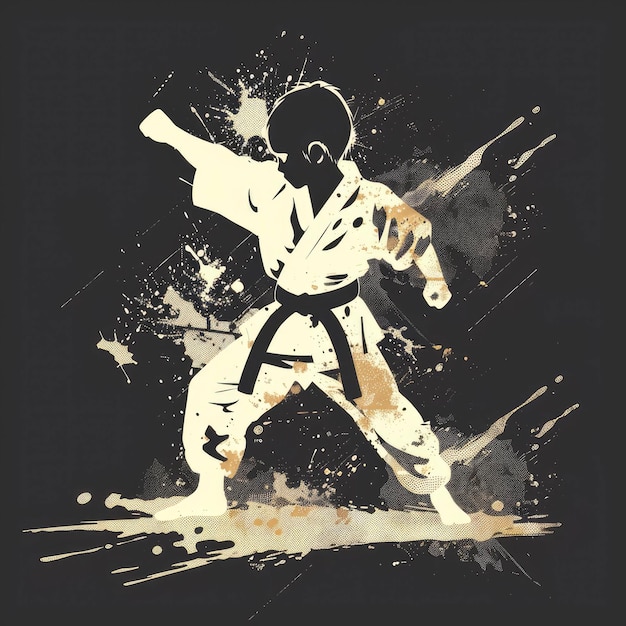 Silhouette of a karate kid in white kimono with black belt posing in a fighting stance