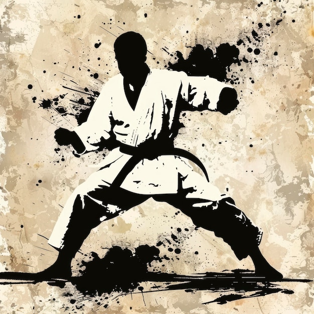 Silhouette of a karate kid in white kimono with black belt posing in a fighting stance