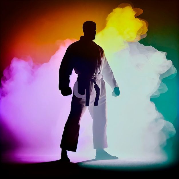 Silhouette of a karateka on a colorful abstract background